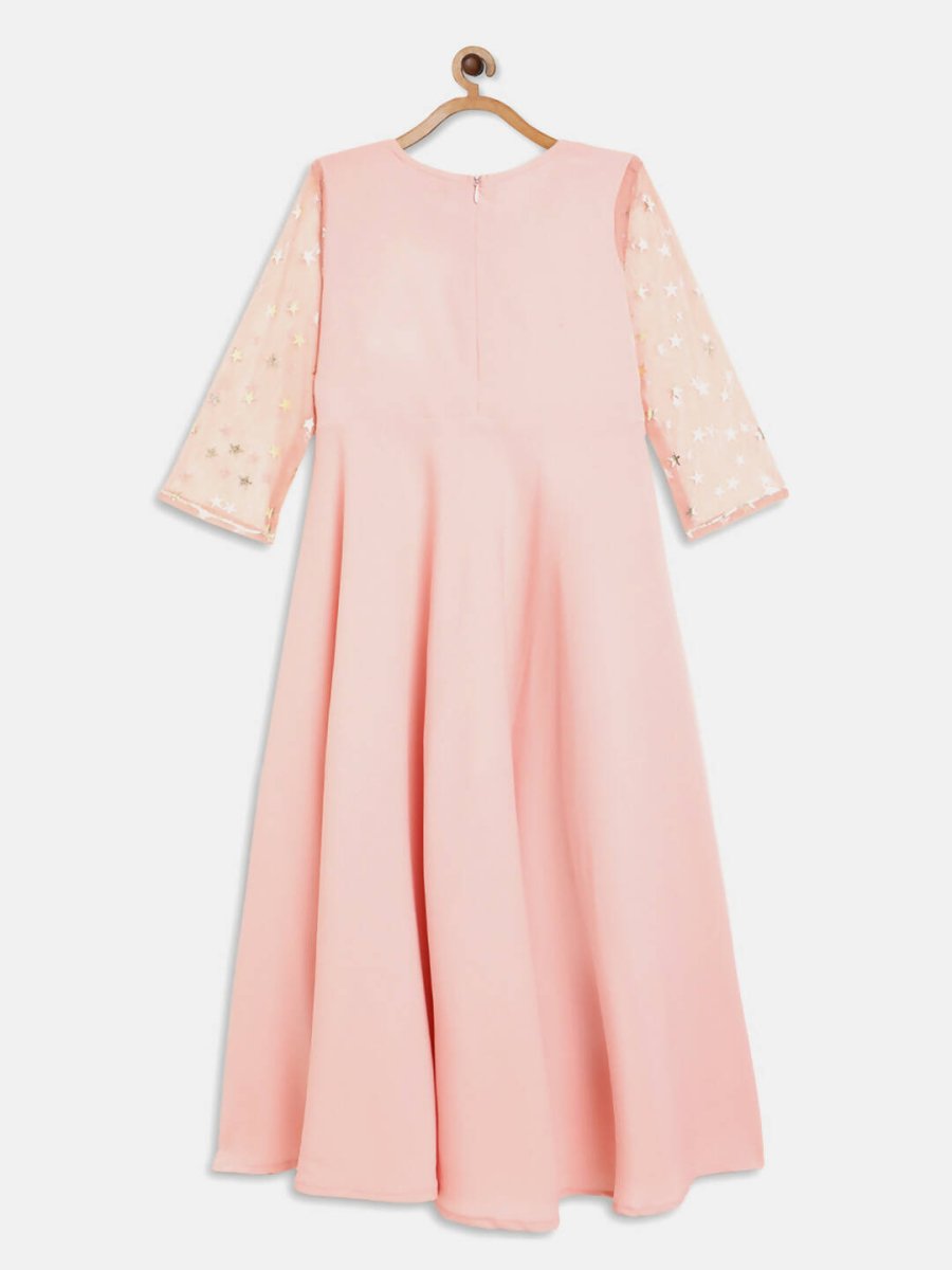 Ahalyaa Pink Crepe & Net Foil Print Kids Dress For Girls | Grocsy