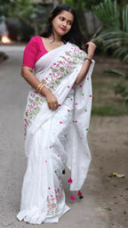 Exclusive Collection White Pure Cotton Handloom Embroidered Saree | Grocsy
