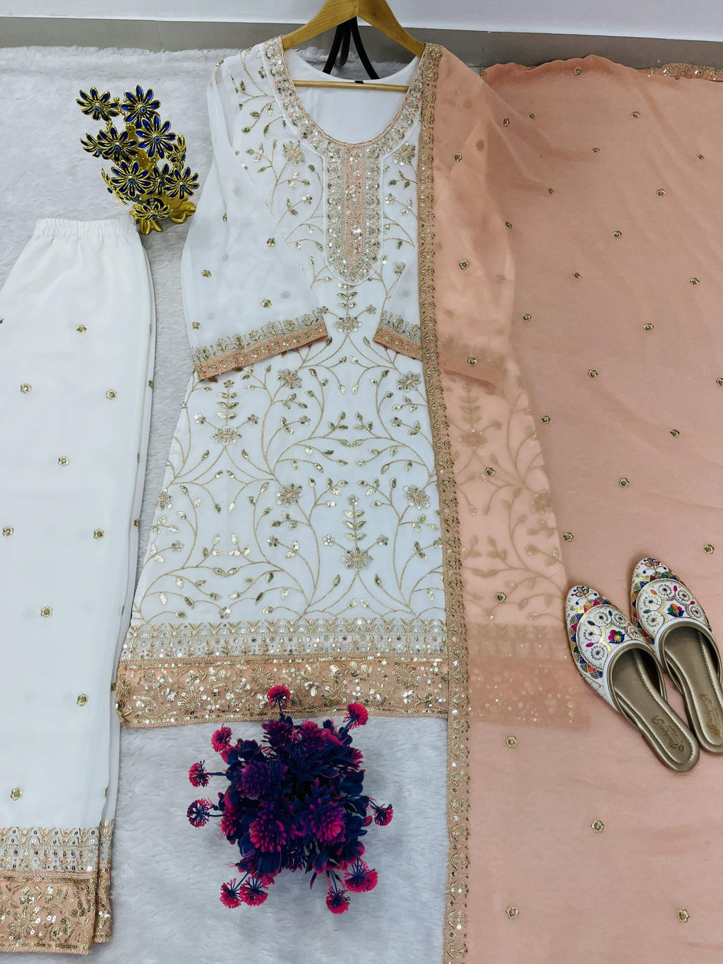 Teeya Creation White Color Faux Georgette Embroidery Work Long Party Wear Palazzo Suit | Grocsy