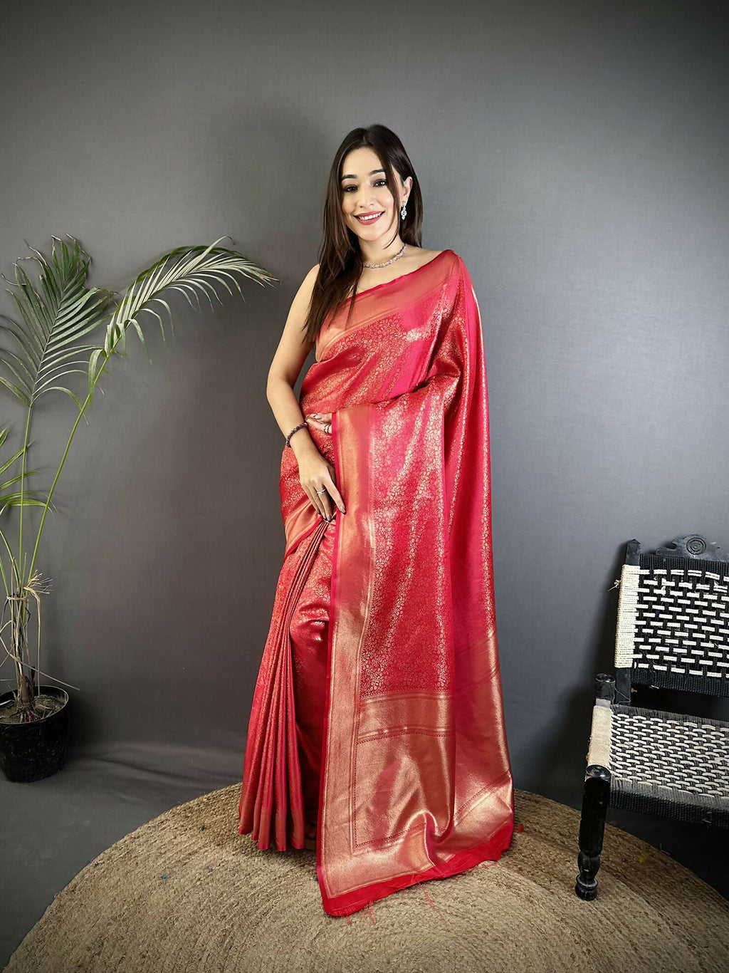 Joban Fashion Red Floral Motifs & Ethnic Design Soft Satin Silk Kanchipuram Saree | Grocsy