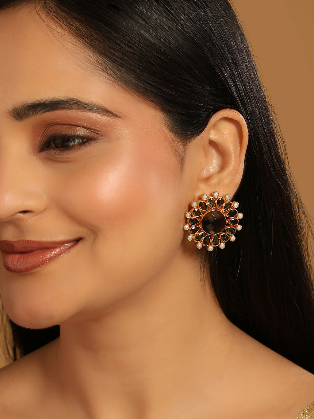 Nuyug 22K Gold Plated Faux Smoky Quartz & Crystal Studded Contemporary Floral Studs | Grocsy