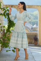 Juniper Women's Sky Blue Printed Flared Dress | Grocsy