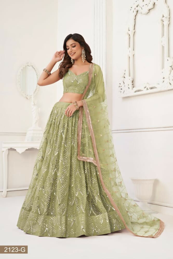 Aastha Fashion Pista Green Butterfly Net Tone To Tone Thread Work, Sequence Work And Original Mirror Work Embroidery Wedding Wear Lehenga Choli | Grocsy