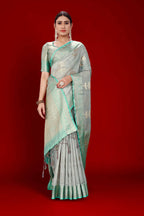 Grey Soft Organza Woven Design Saree With Unstitched Blouse Piece - Zaara | Grocsy