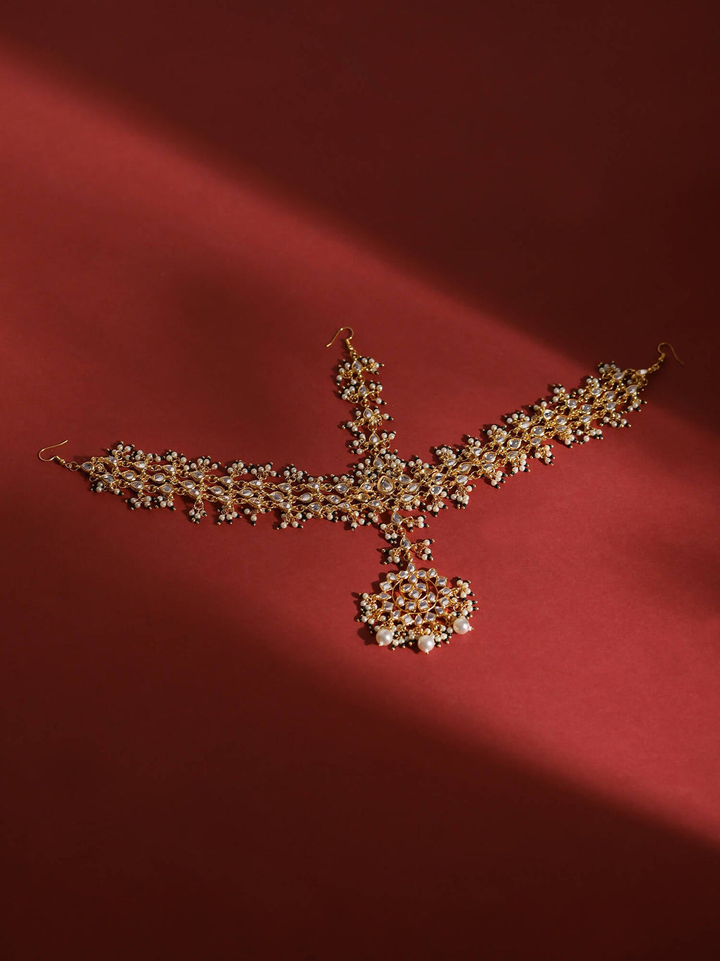 Gold-Polished White Green Kundan-Studded Pearl Beaded Matha Patti - Ruby Raang | Grocsy