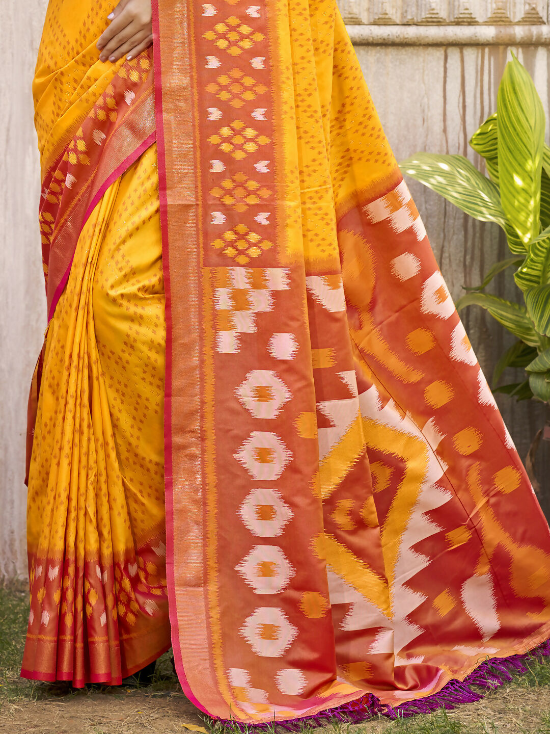 Shree Shyam Fashion Pochampalli Silk Yellow Saree | Grocsy