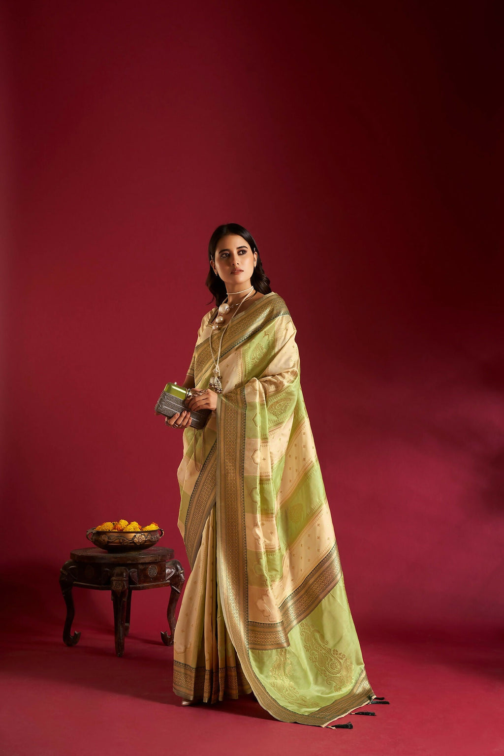 Joban Fashion Cream & Parrot Green Plain With Weaving Border Banarasi Silk Sarees | Grocsy