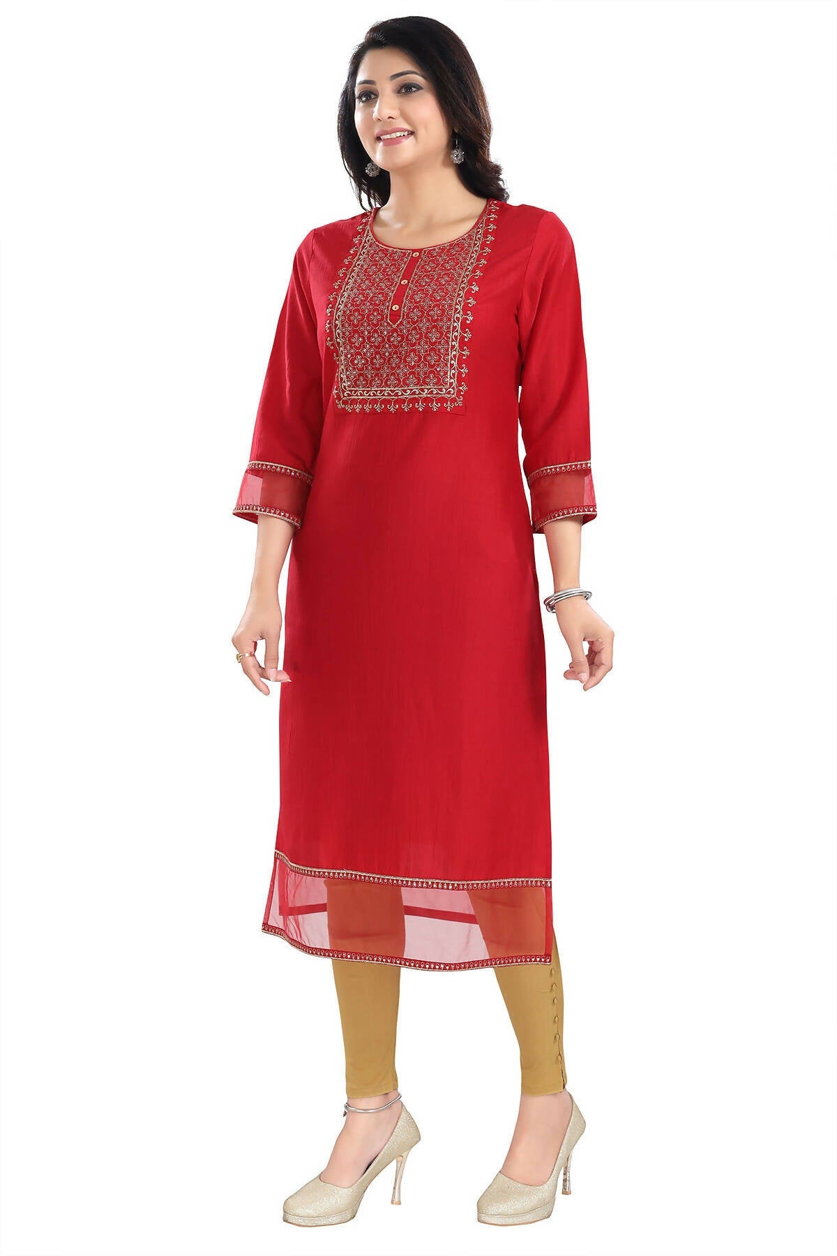 Snehal Creations Mighty Red Art Silk Designer Long Kurti Tunic With Zari Embroidery | Grocsy