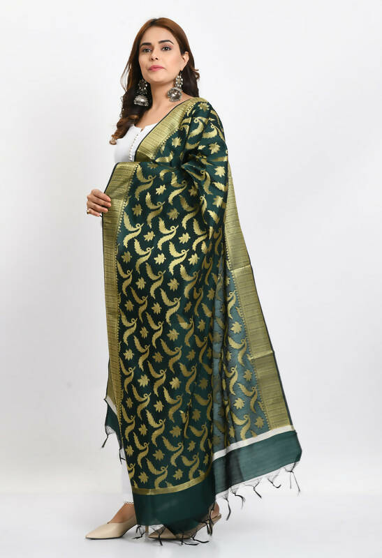 Mominos Fashion Moeza Women's Banarsi Silk Floral Woven Design Bottle Green Dupatta | Grocsy