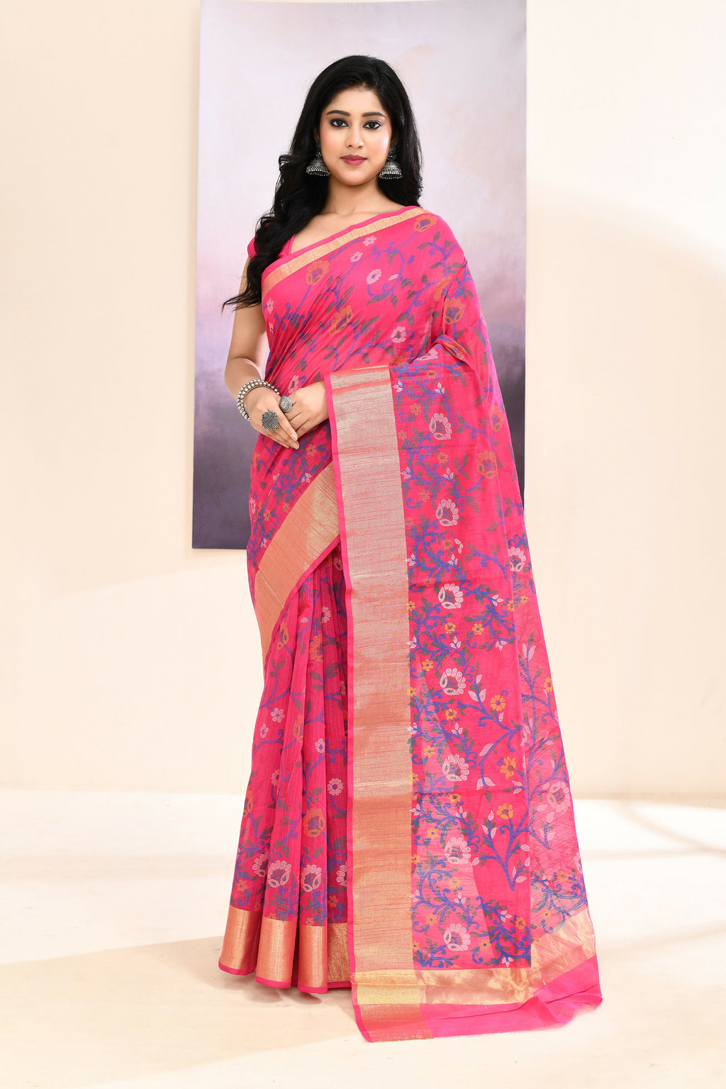 Piyari Fashion Women's Pink Embellished Cotton Blend Printed Saree | Grocsy