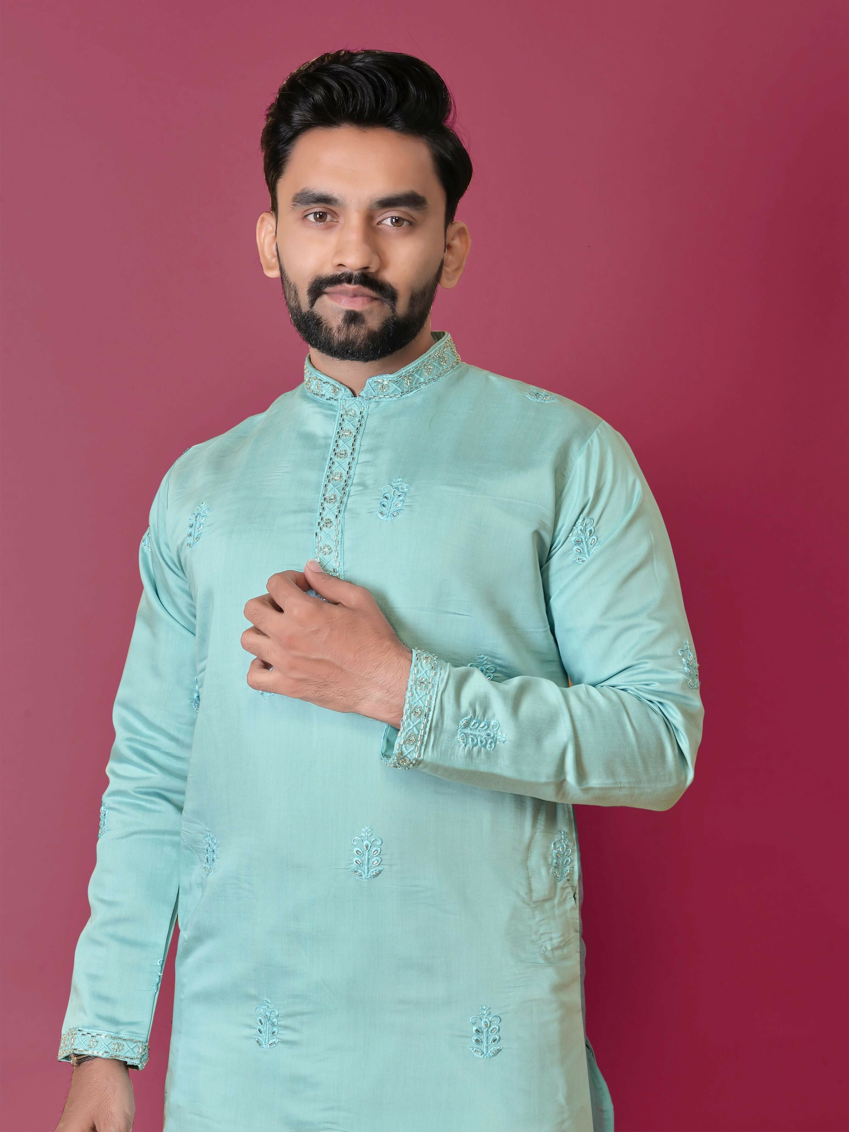 Men's Sky Blue Silk Handwork Men's Kurta Pajama by Infinity Export | Grocsy