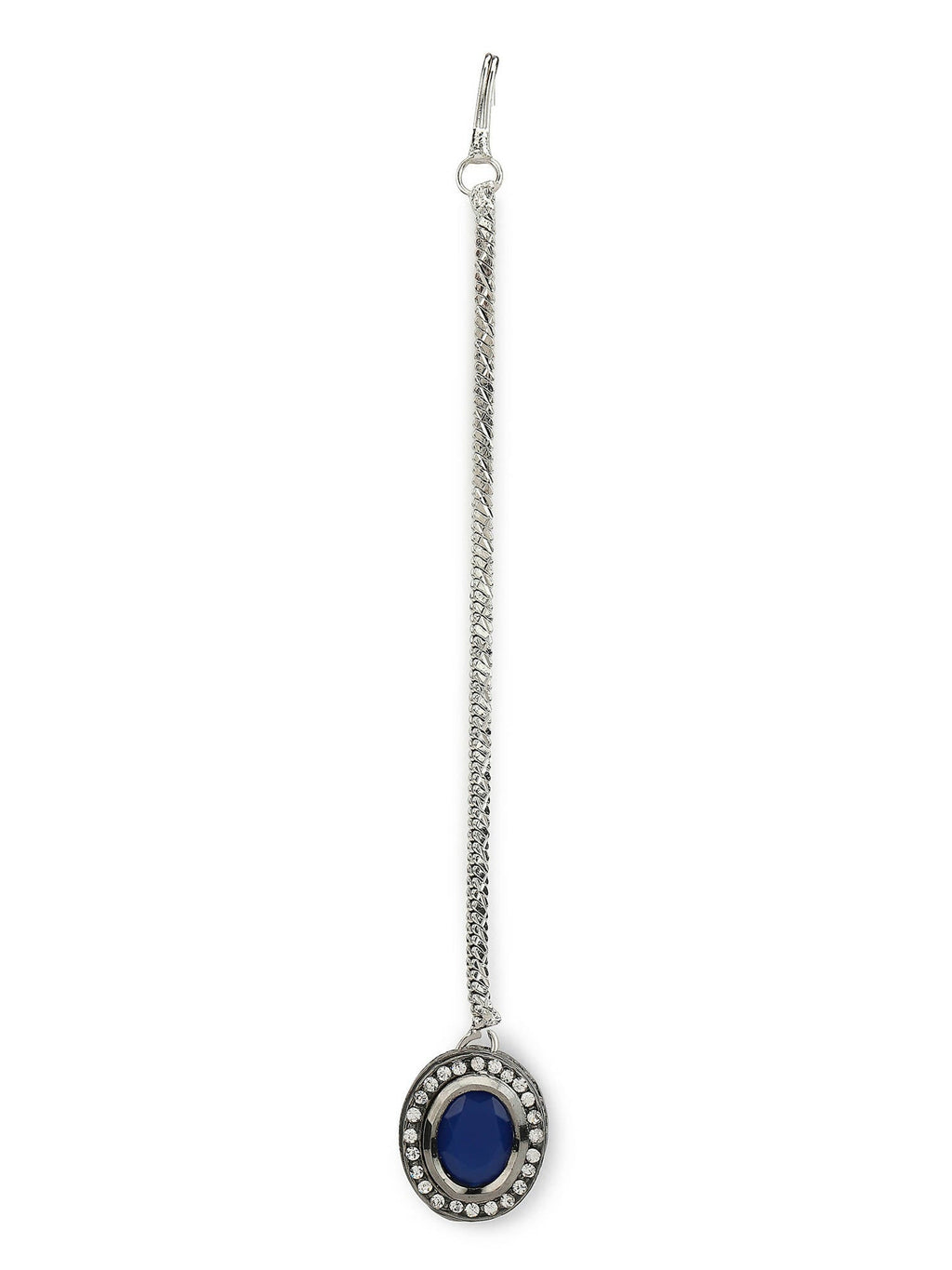 Women's Blue Silver-Toned Kundan Studded Maang Tikka - Ruby Raang | Grocsy