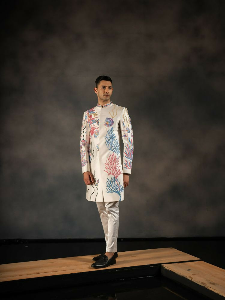 Off White Aqua Hand Embroideried Indowestern Sherwani by Hilo Design | Grocsy