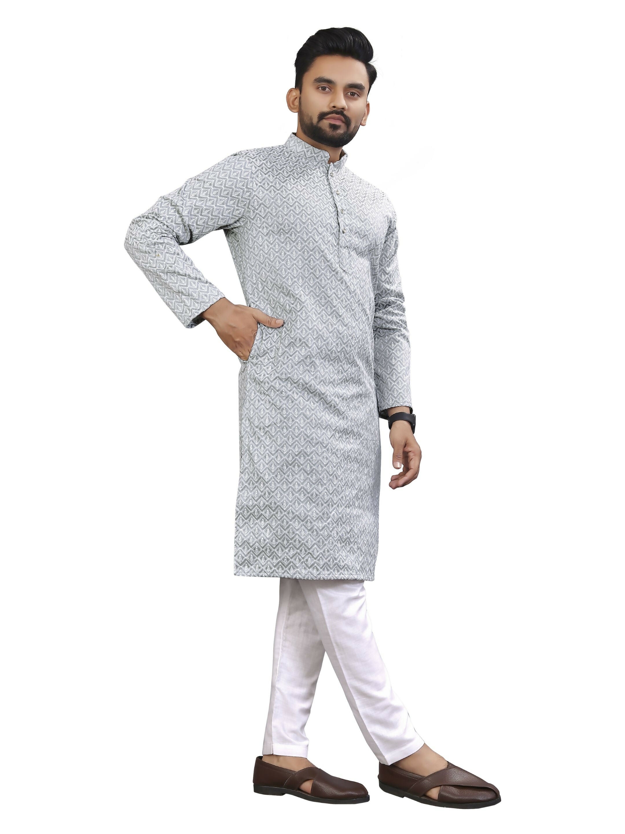 Anaita Grey Lucknowi Work Silk Straight Kurta | Grocsy