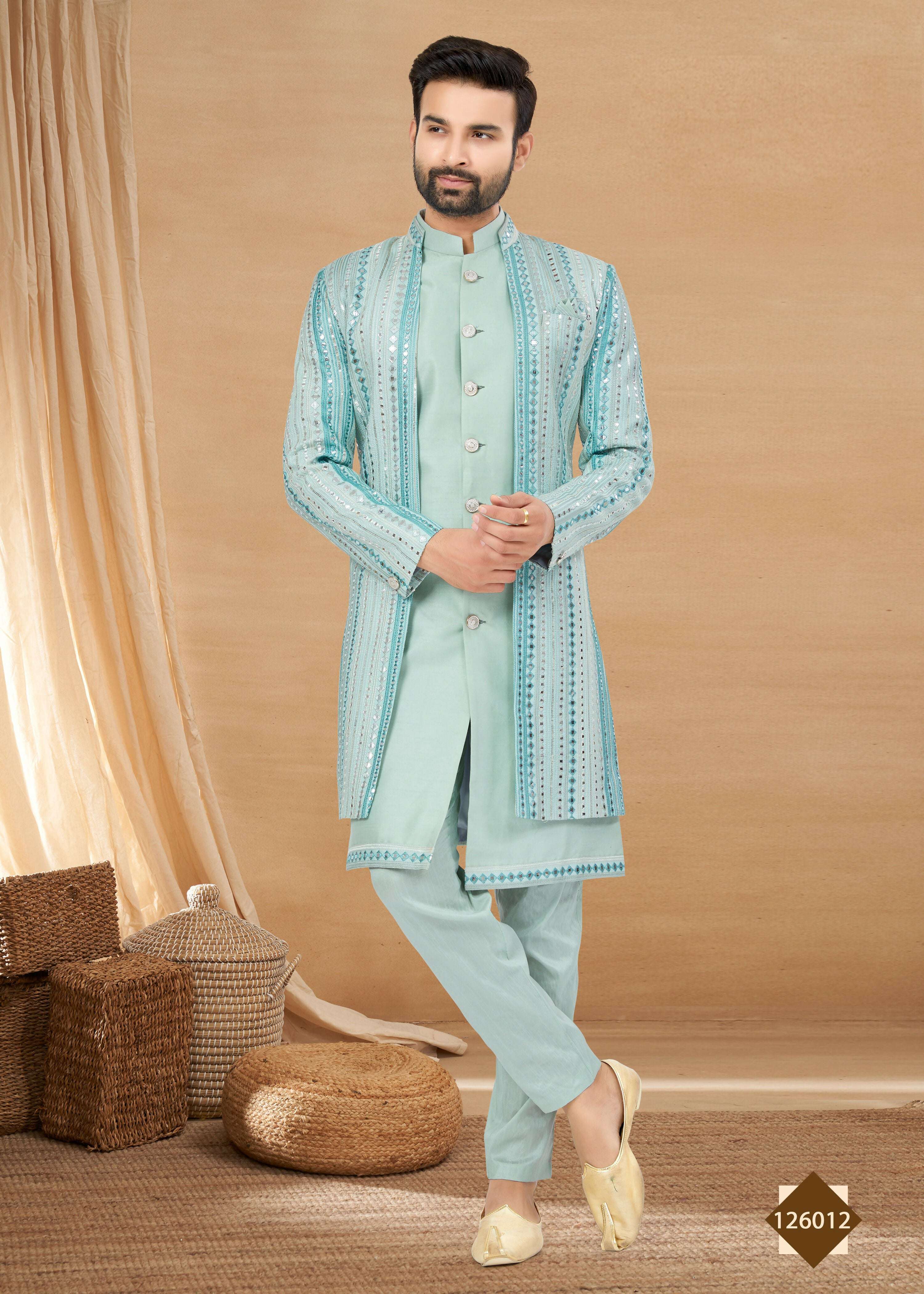 Joban Fashion Men's Sky Blue Heavy Art Silk Double Finish Plain Indowestern | Grocsy
