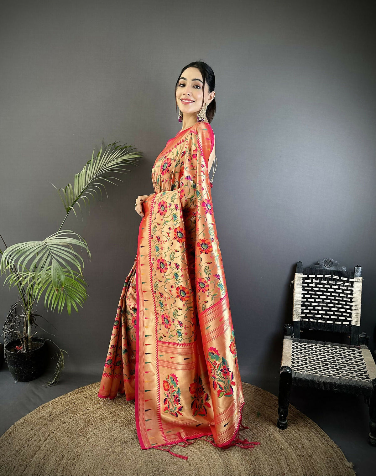 Joban Fashion Rani Pink Floral Vine Pattern Soft Silk Paithani Saree | Grocsy