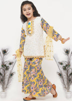 Little Bansi Girls Cotton Embroidery Kurta with Floral Sharara & Dupatta - White & Yellow | Grocsy