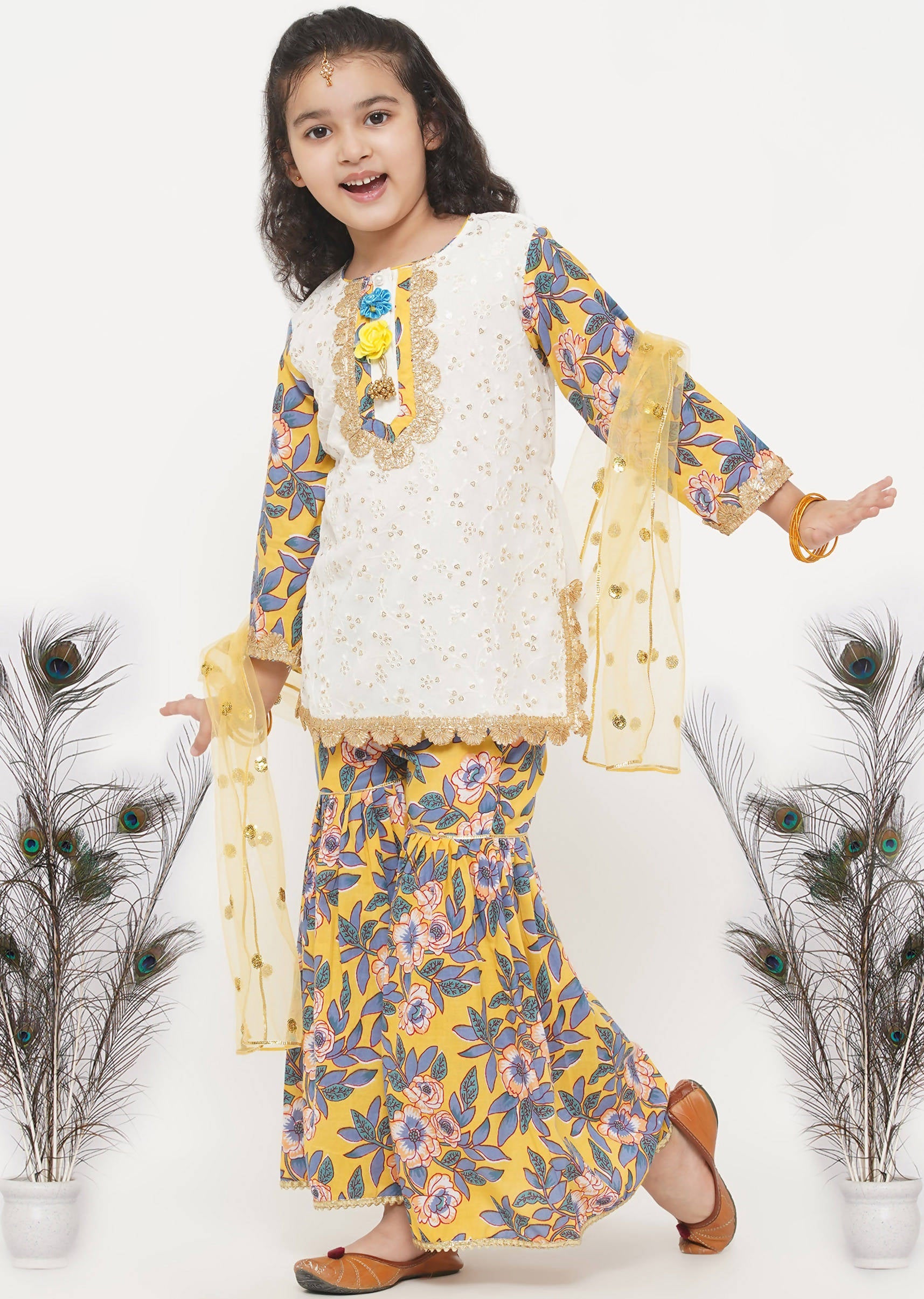 Little Bansi Girls Cotton Embroidery Kurta with Floral Sharara & Dupatta - White & Yellow | Grocsy
