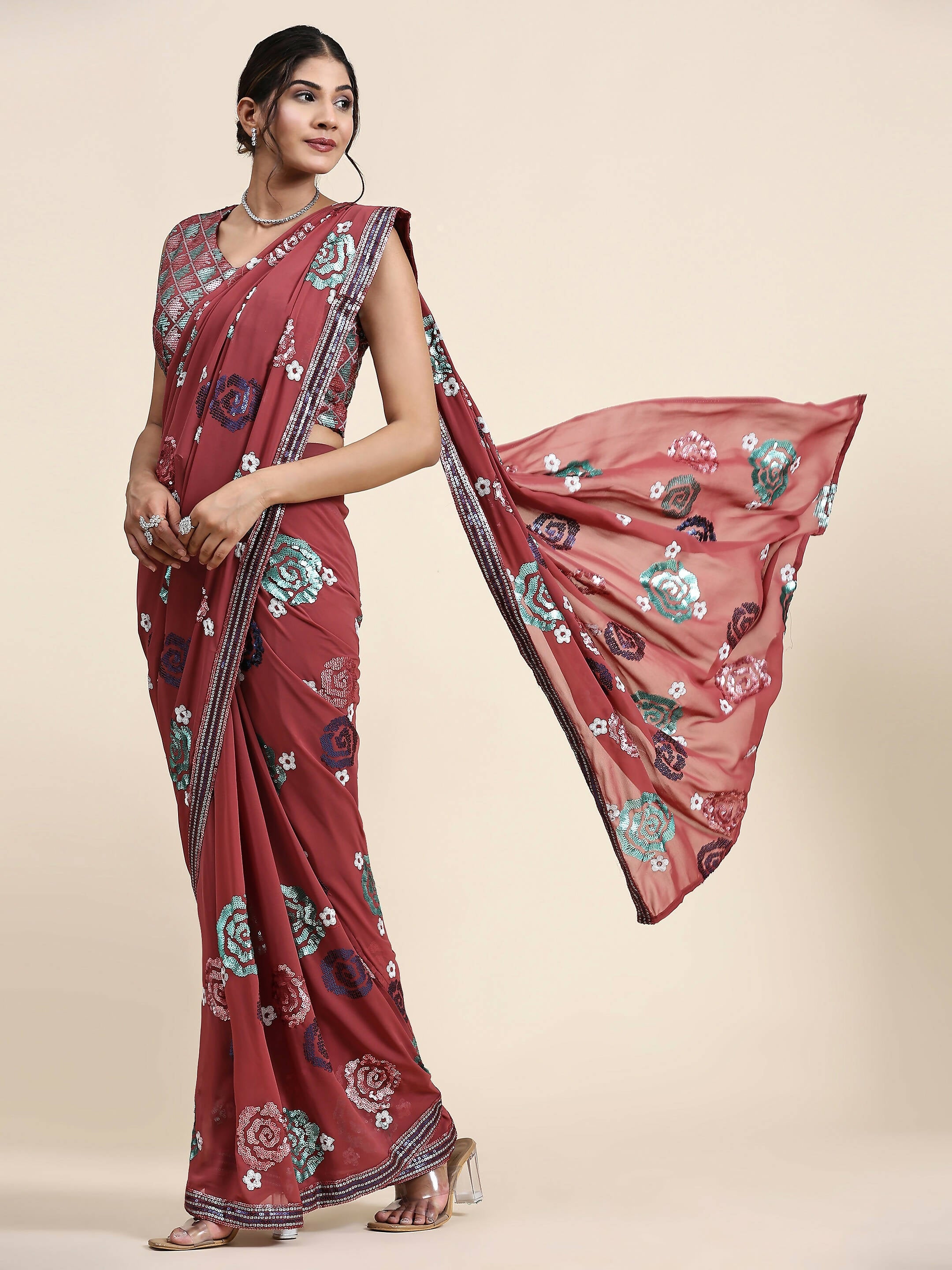 Peach Pure Georgette Sequence work Ready to wear Saree with stitched Blouse - Nirvana | Grocsy