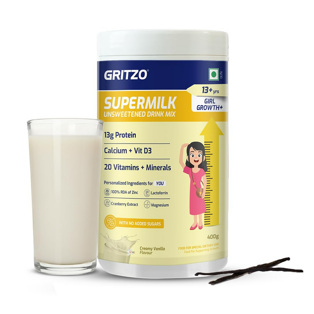 Gritzo SuperMilk Growth+ (Formerly Height+) Unsweetened Drink Mix (13+y Girls), 13g Protein Powder - Creamy Vanilla | Grocsy