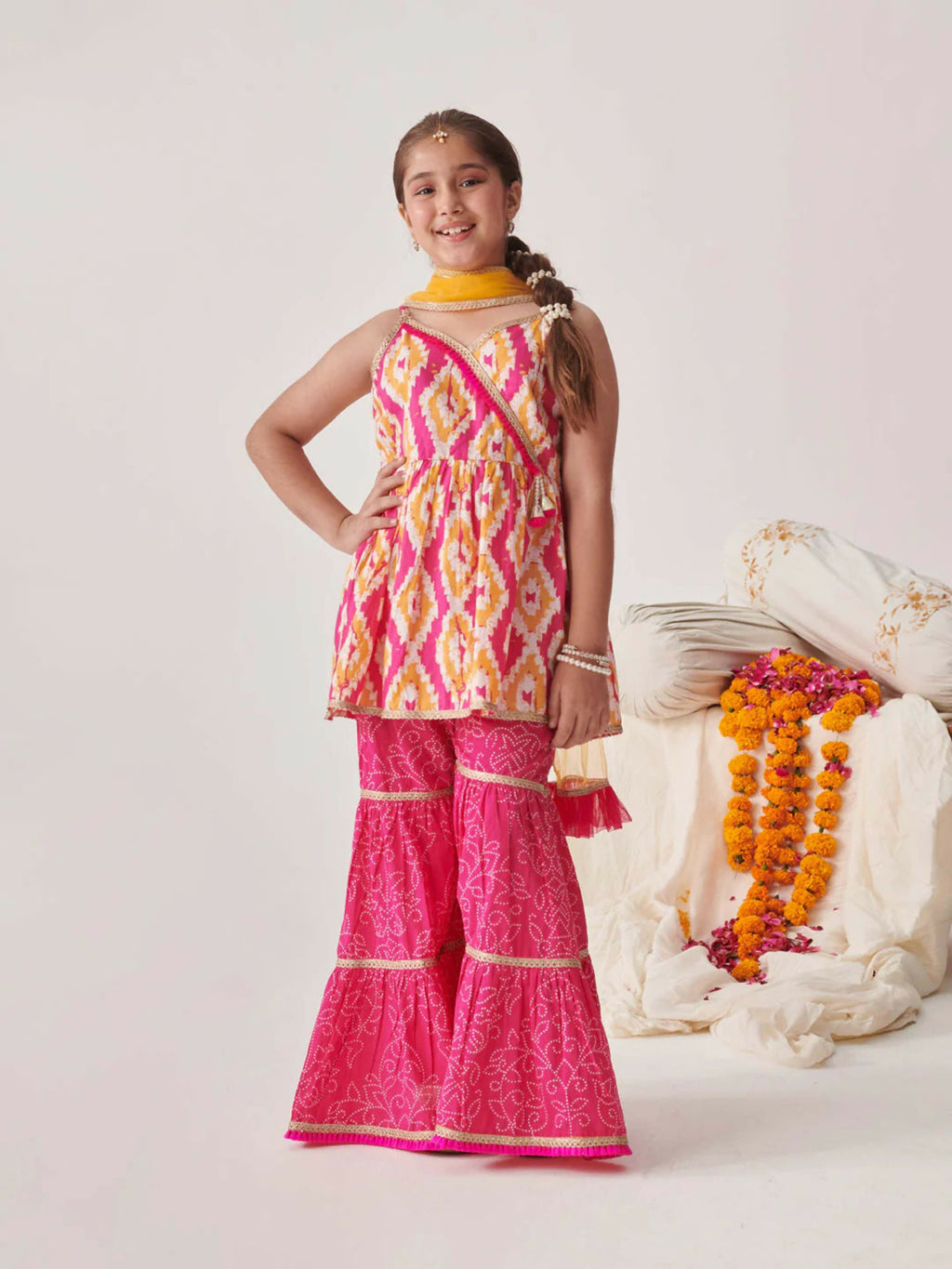 Joban Fashion Girl's Pink Yellow Color Sharara Set | Grocsy
