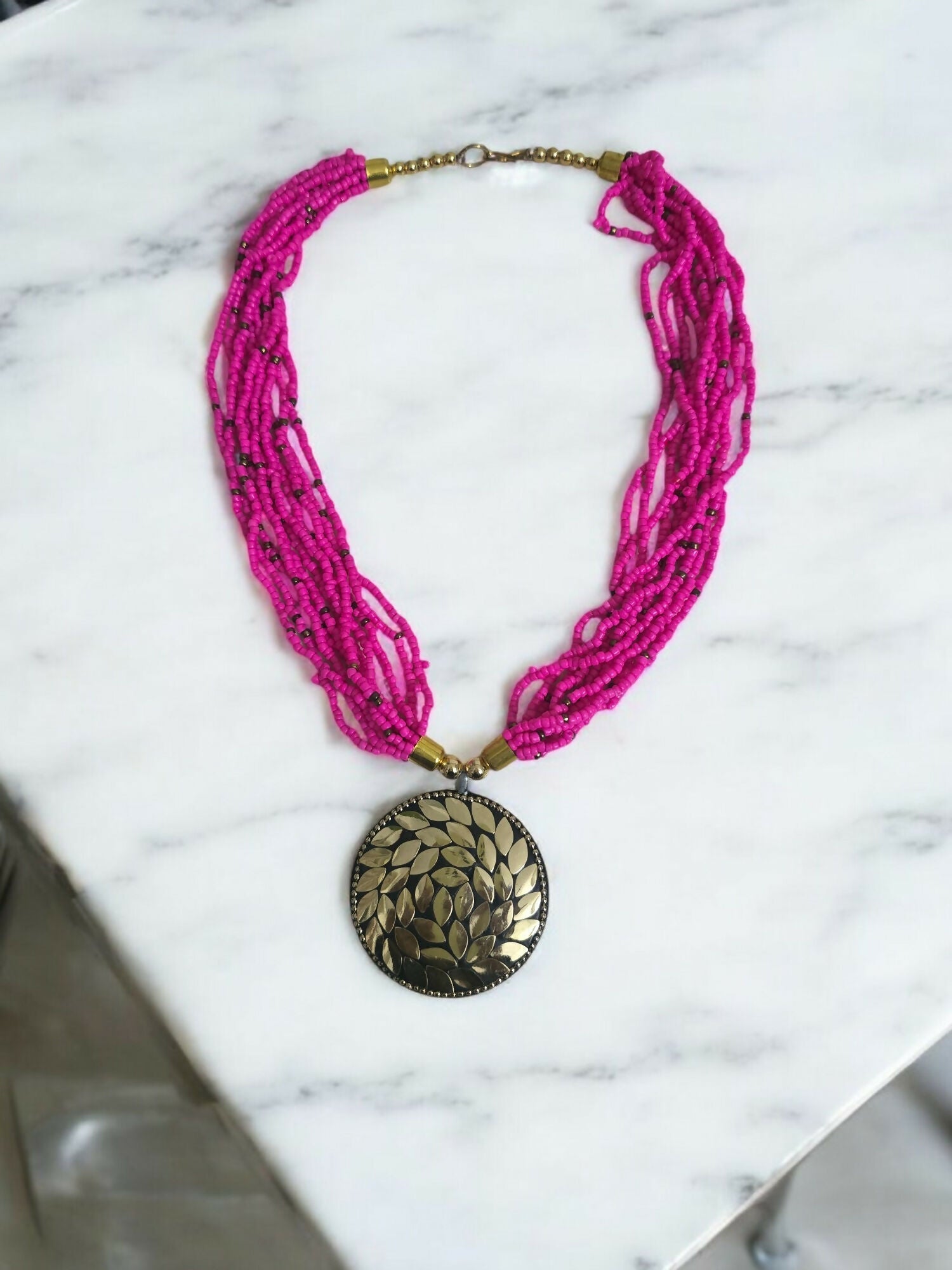 Inhanns Everyday Statement Beaded Pendant Necklace - Hot Pink | Grocsy