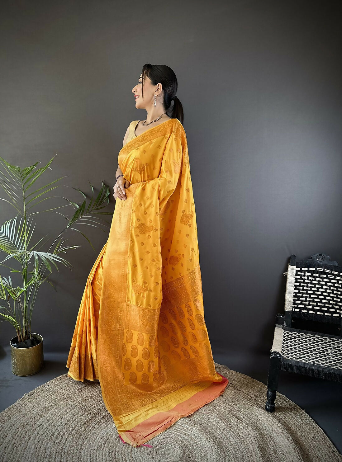 Joban Fashion Banarasi Orange Woven Woven Soft Silk Saree | Grocsy