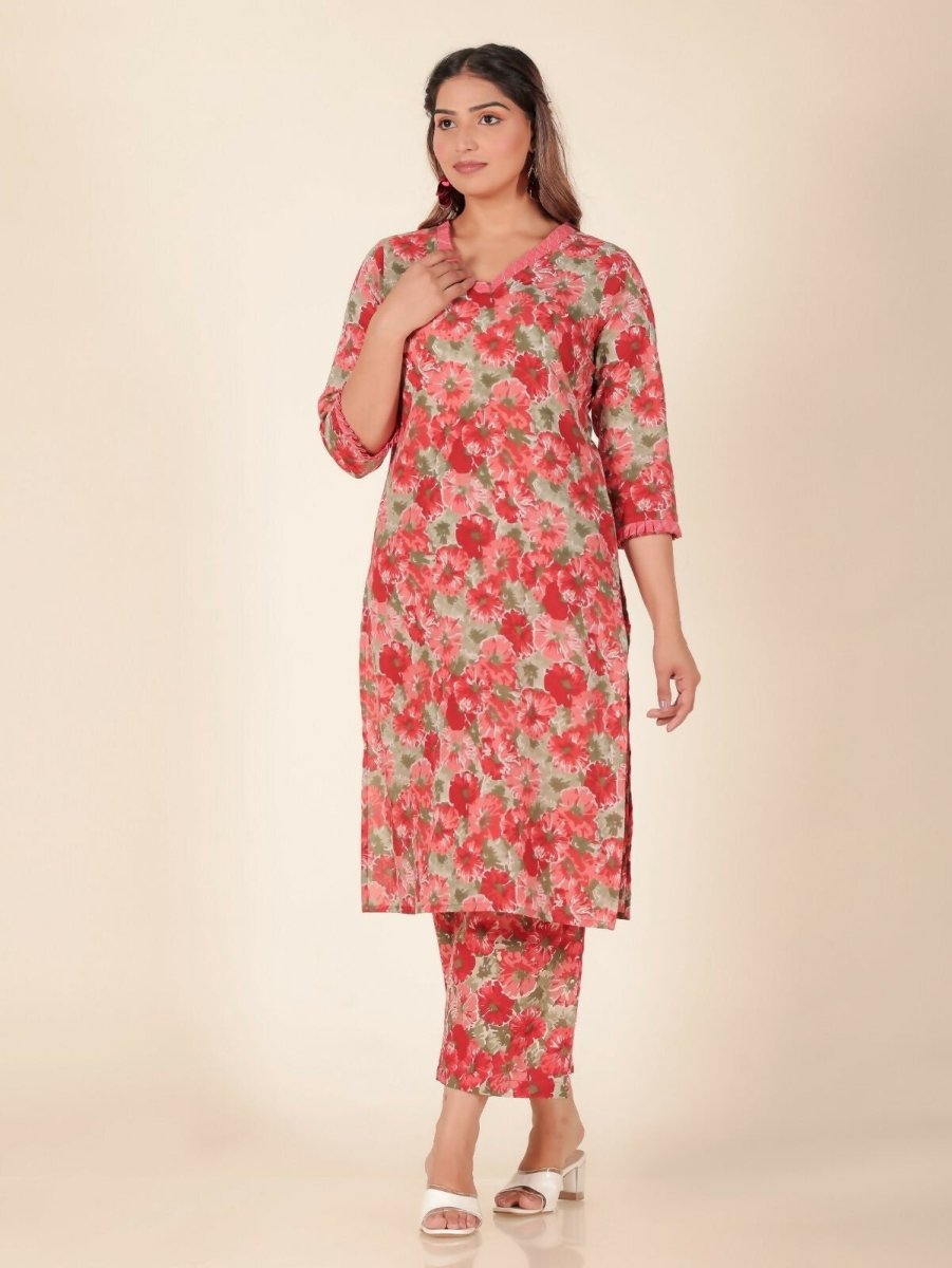 Aramya Red Soft Cotton Floral Print Panelled Kurta Set for Women | Grocsy