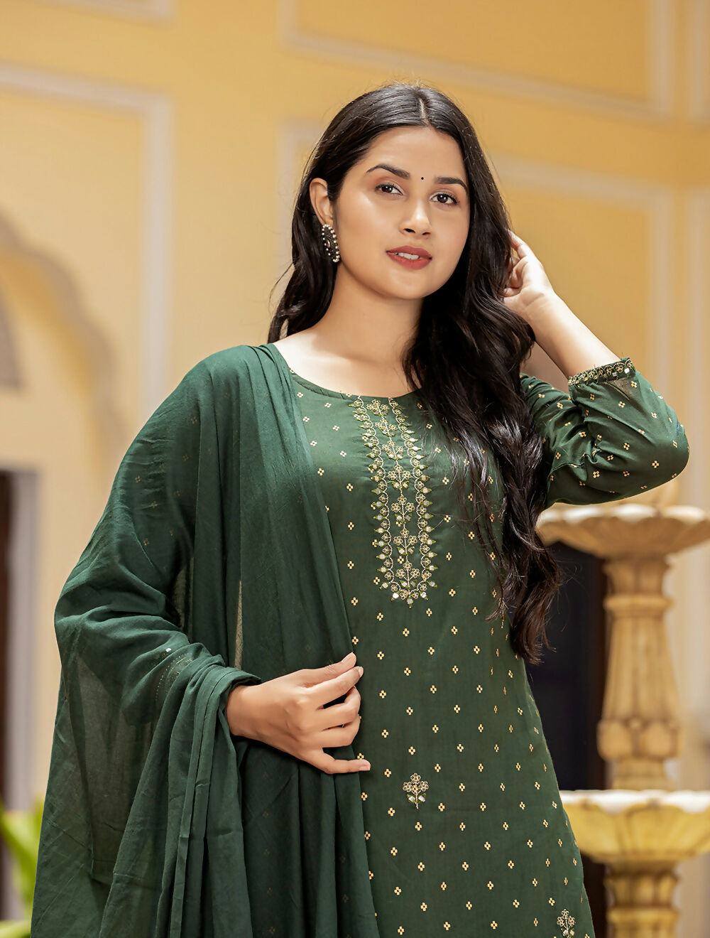 Kaajh Women's Green Gold Printed Cotton Kurta Sharara With Dupatta Set | Grocsy