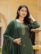 Kaajh Women's Green Gold Printed Cotton Kurta Sharara With Dupatta Set | Grocsy