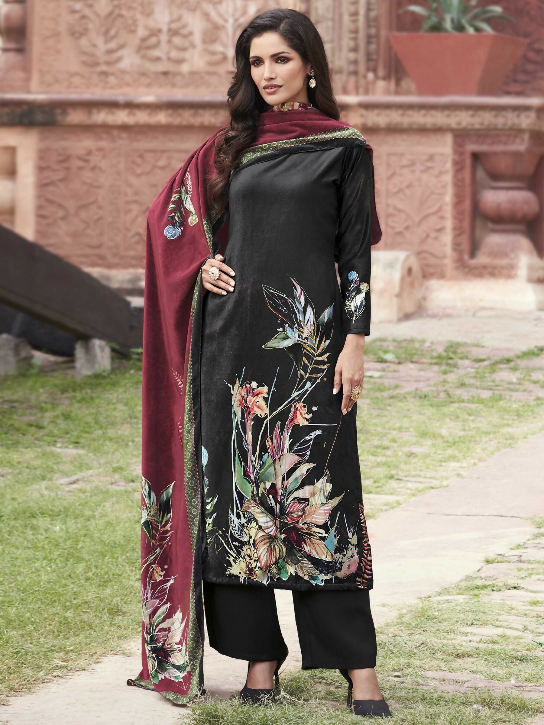 Jyoti Fashion Women's Black Velvet Floral Digital Printed Kurta with Trouser & Dupatta | Grocsy