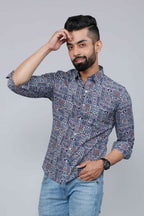 Miravan Men's Blue Floral Print Long Sleeve Casual Shirt | Grocsy