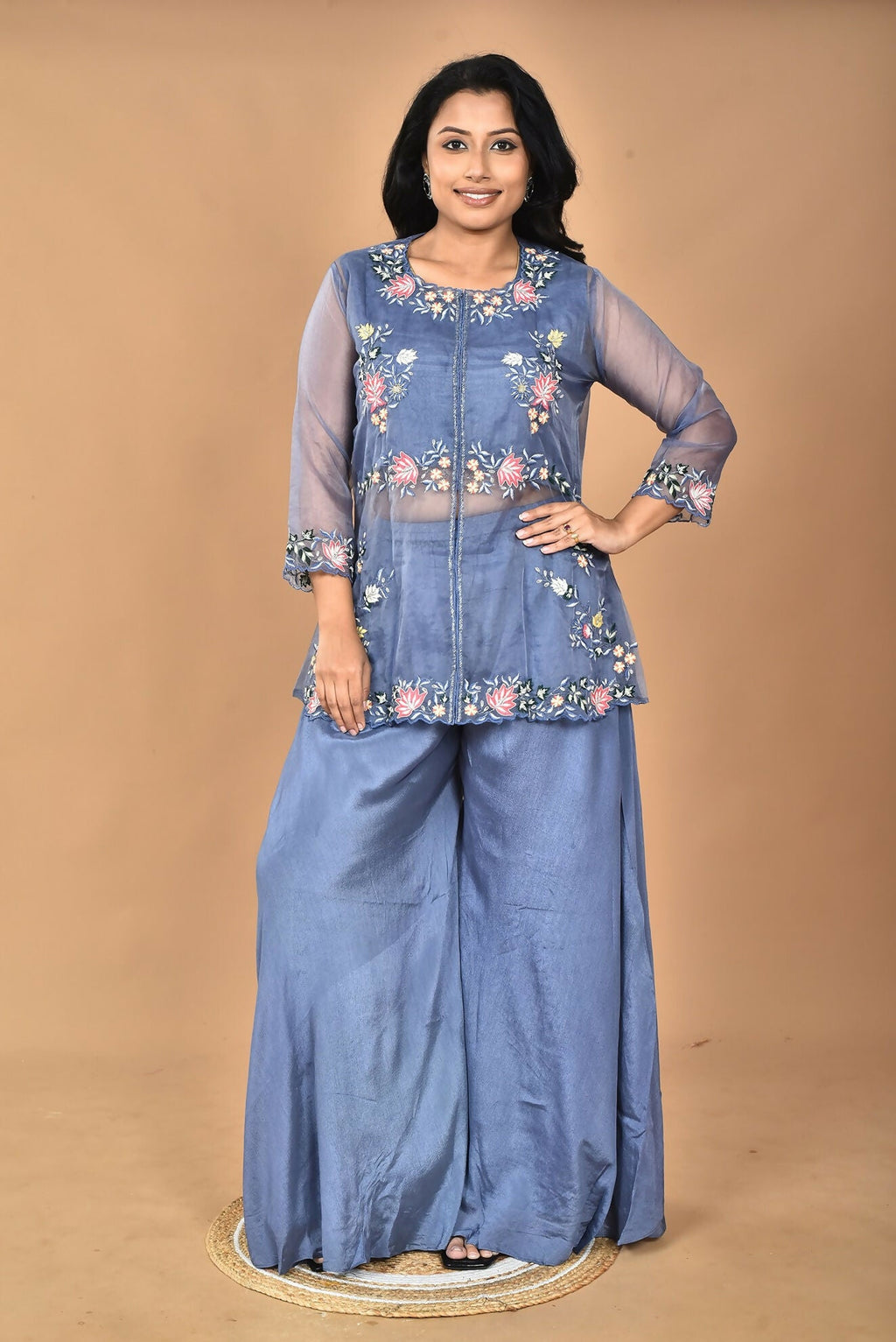 Morchari Women And Hand Embroidery Palazzo Set-Grey | Grocsy