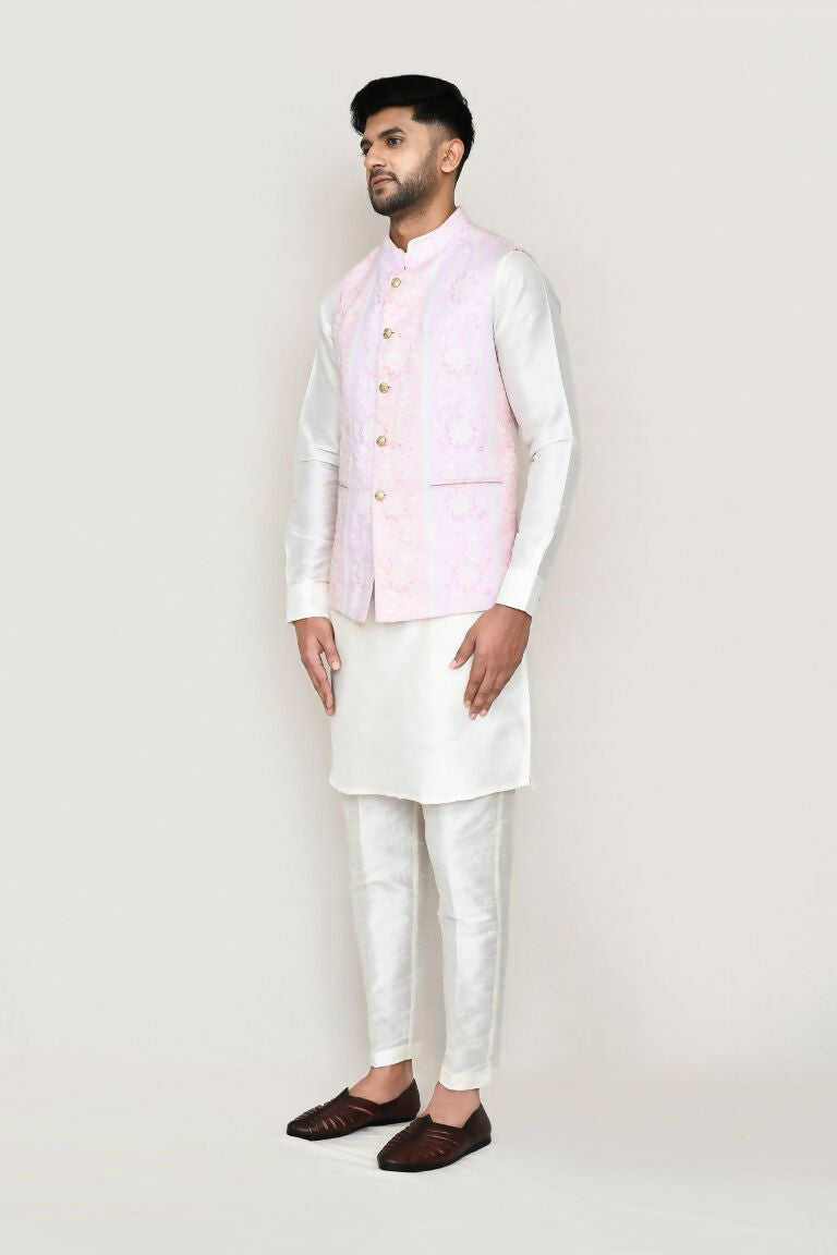 Joban Fashion White Colored Art Silk Fabric Kurta, Jacket With Straight Fit Pant | Grocsy