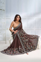 Brown Two Tone Georgette Silk Sequence Embroidered with Stone work Saree - Mohmanthan Majestica | Grocsy