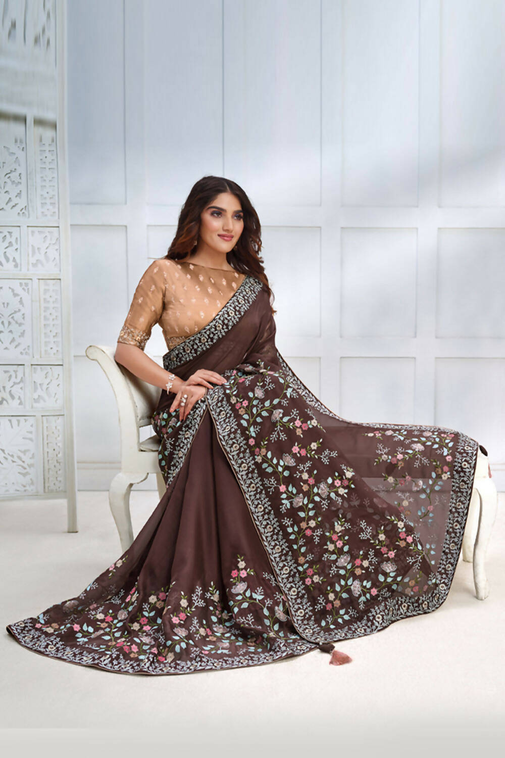 Brown Two Tone Georgette Silk Sequence Embroidered with Stone work Saree - Mohmanthan Majestica | Grocsy