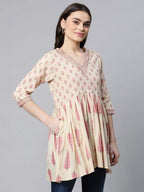 Ahalyaa Women Beautiful Beige Pure Cotton Printed Tunic | Grocsy