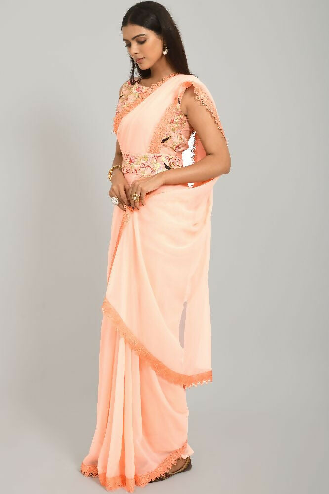 PR Fashion Peach Georgette Gpo Lace Saree | Grocsy