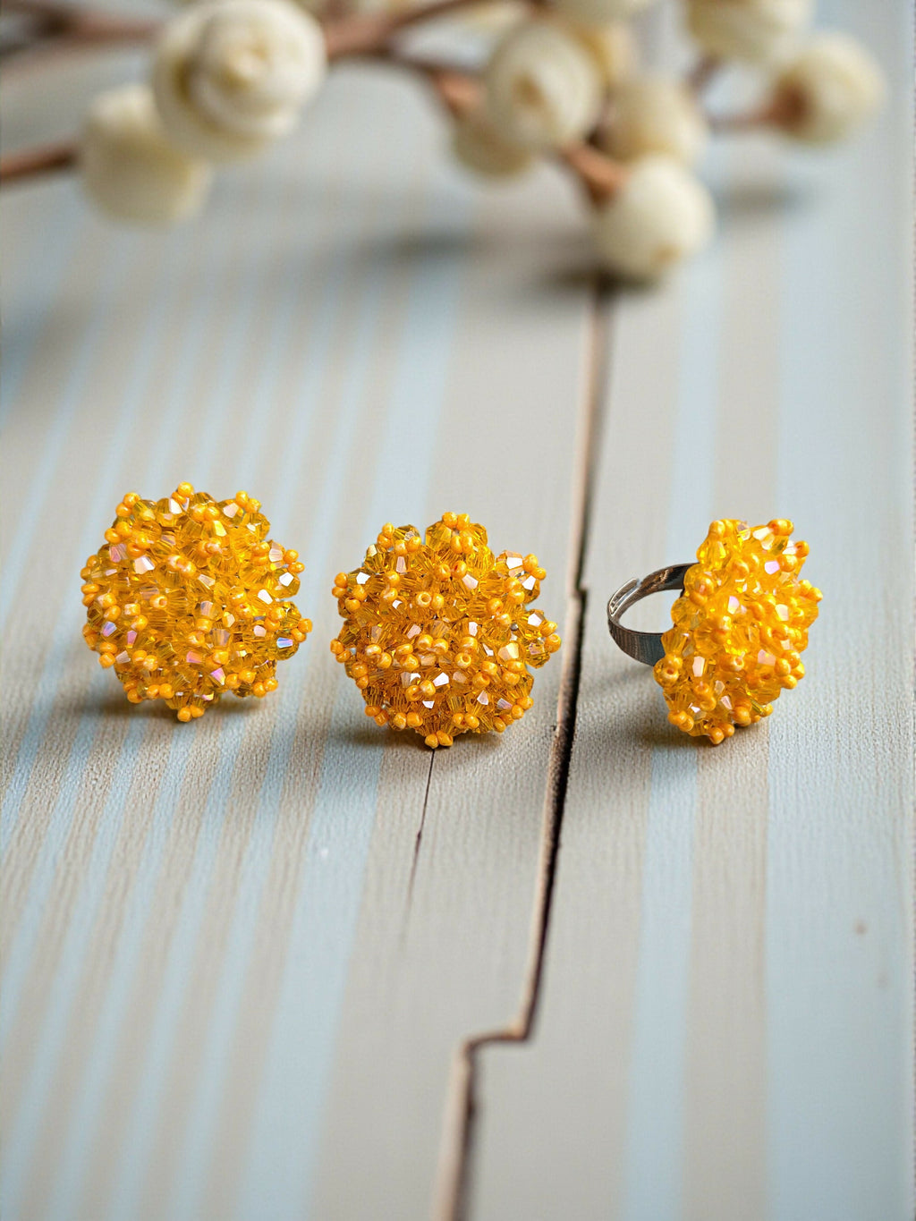 Inhanns Rangmani Crystal Duo – Adjustable Ring + Statement Earrings Set - Yellow | Grocsy