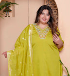 Miravan Womens Plus Size Muslin Yellow Kurta and Palazzo with Dupatta Set | Grocsy