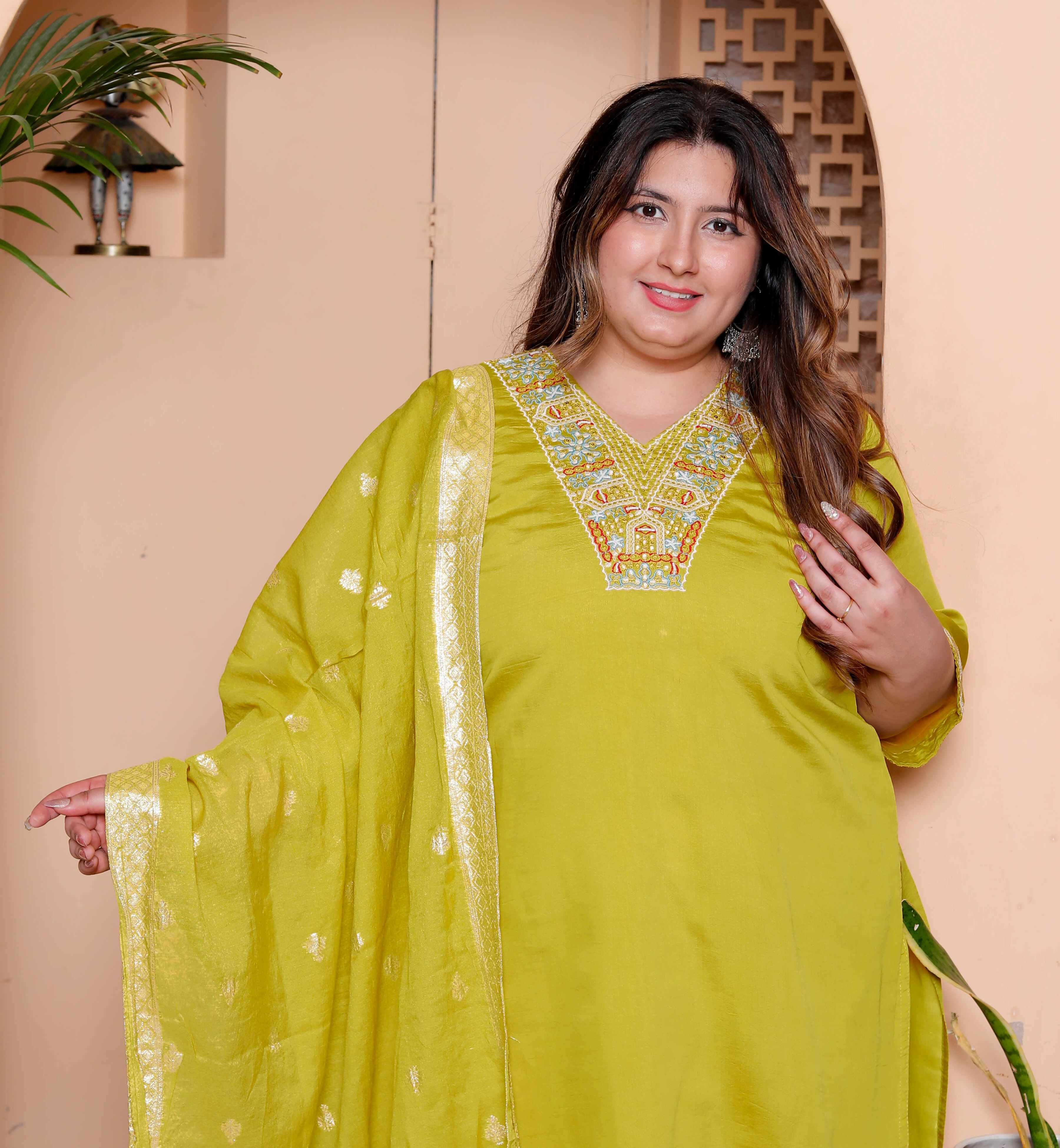 Miravan Womens Plus Size Muslin Yellow Kurta and Palazzo with Dupatta Set | Grocsy