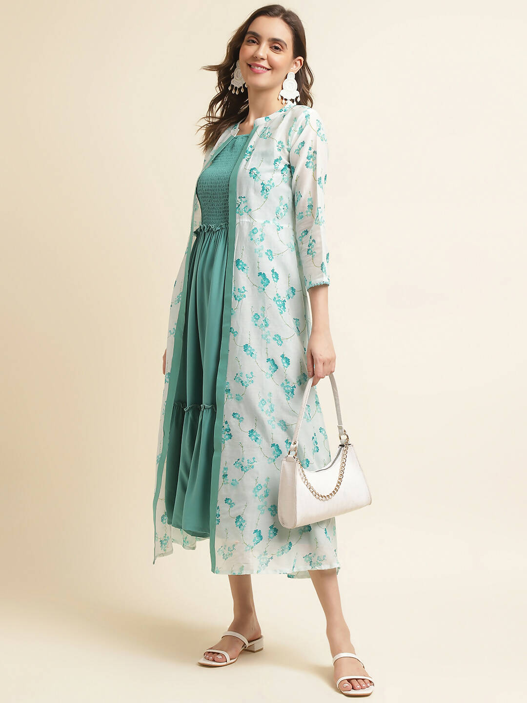 Light Blue Cotton Solid Flared Dress with Printed Shrug - Yukti | Grocsy