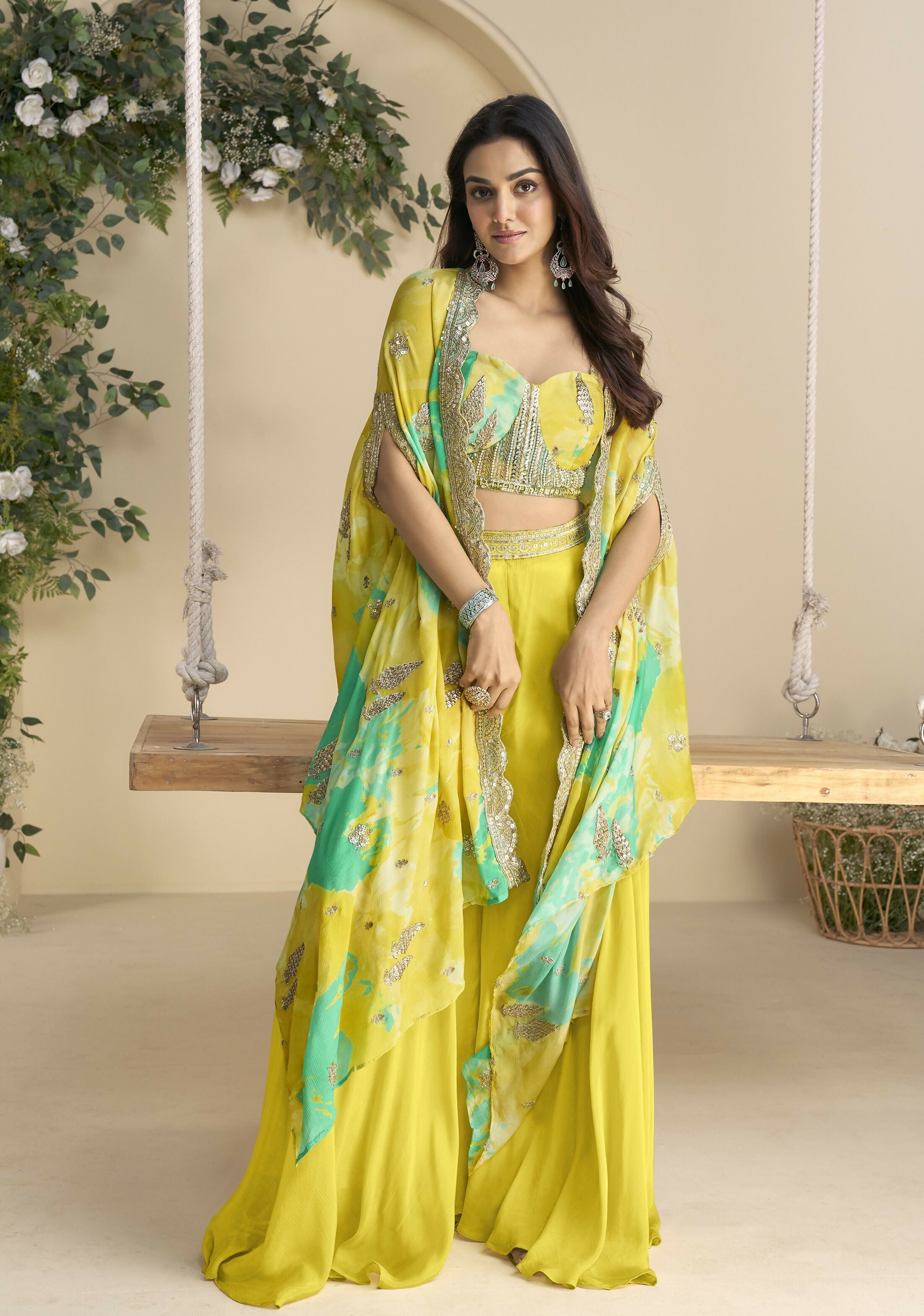 Anaita Mustard Chinon Free Size Readymade Shrug Suit with Embroidery Sequence Work (Free Size) | Grocsy