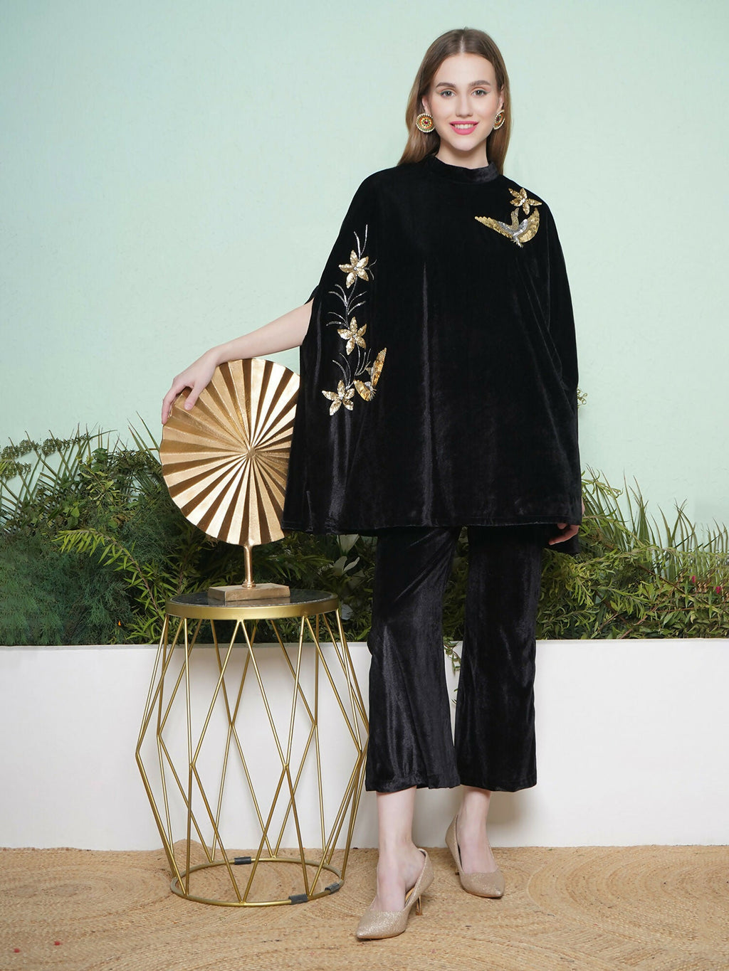 Joban Fashion Black Hand Embellished Cape Style Kurta with Bellbottom Pants | Grocsy