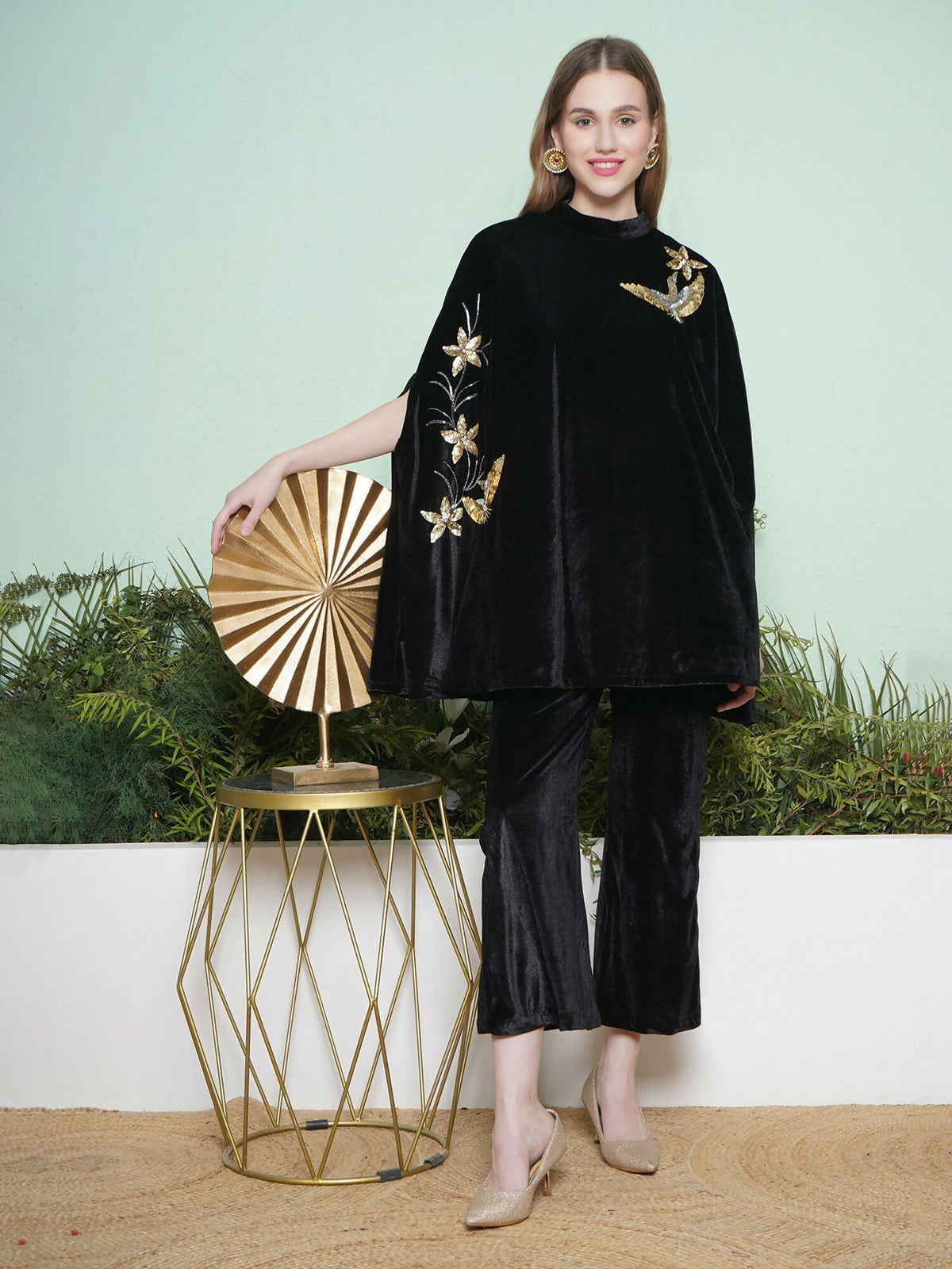 Joban Fashion Black Hand Embellished Cape Style Kurta with Bellbottom Pants | Grocsy