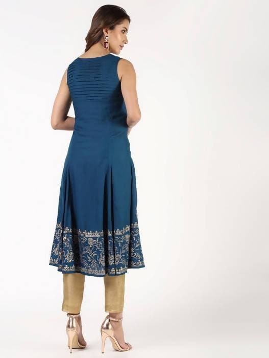 Aniyah Rayon Block Print Flared Blue Kurta (AN-149K) | Grocsy