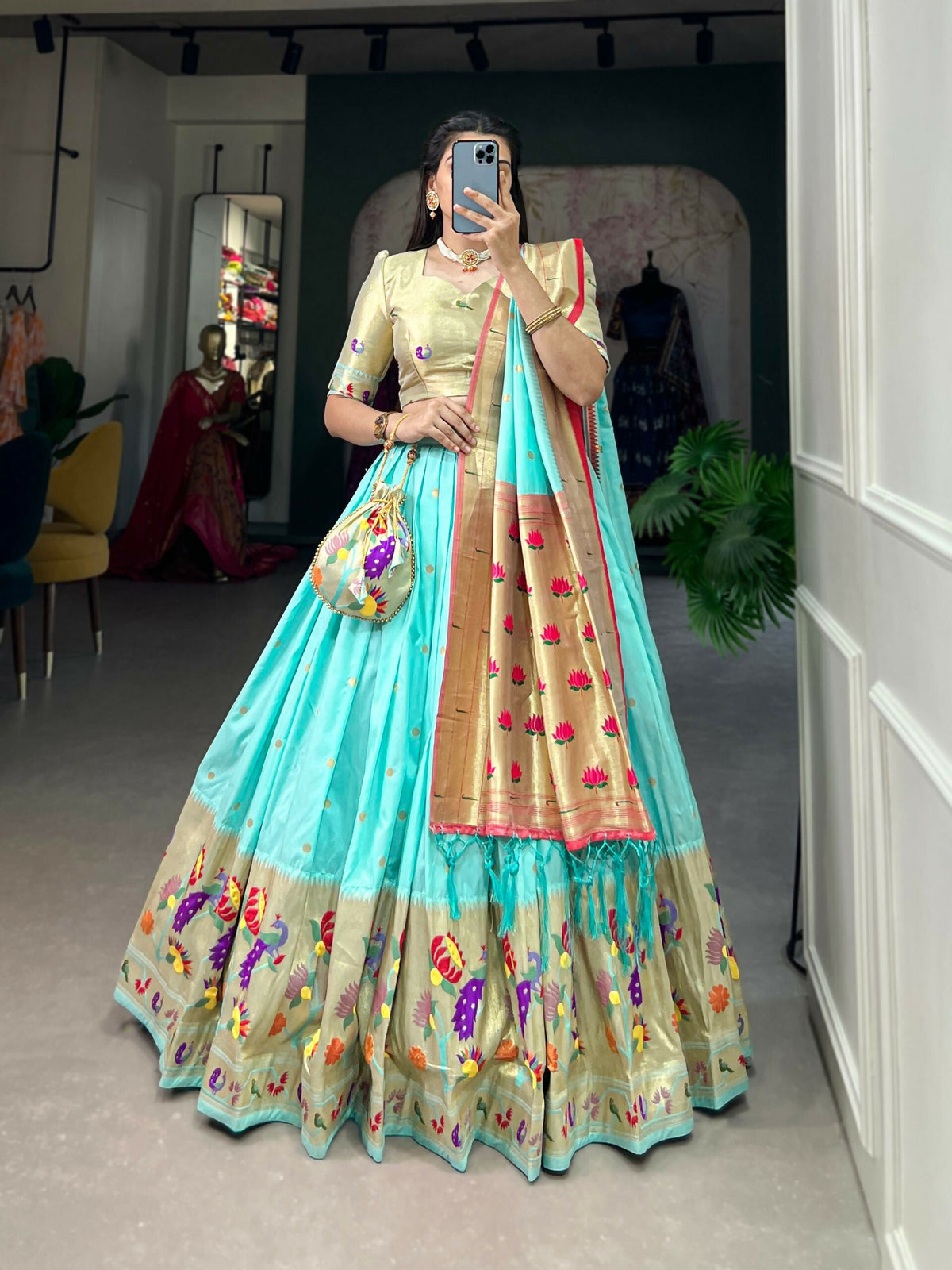 Vastranavya Traditional Jacquard Silk Paithani Lehenga Choli - Sky Blue | Grocsy