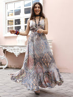 Blue Crepe Foil Printed Long Dress - Michan | Grocsy