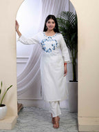 Miravan Women's White Cotton Thread Work Embroidered And Mirror Work Straight Kurta Palazzo With Dupatta Set | Grocsy