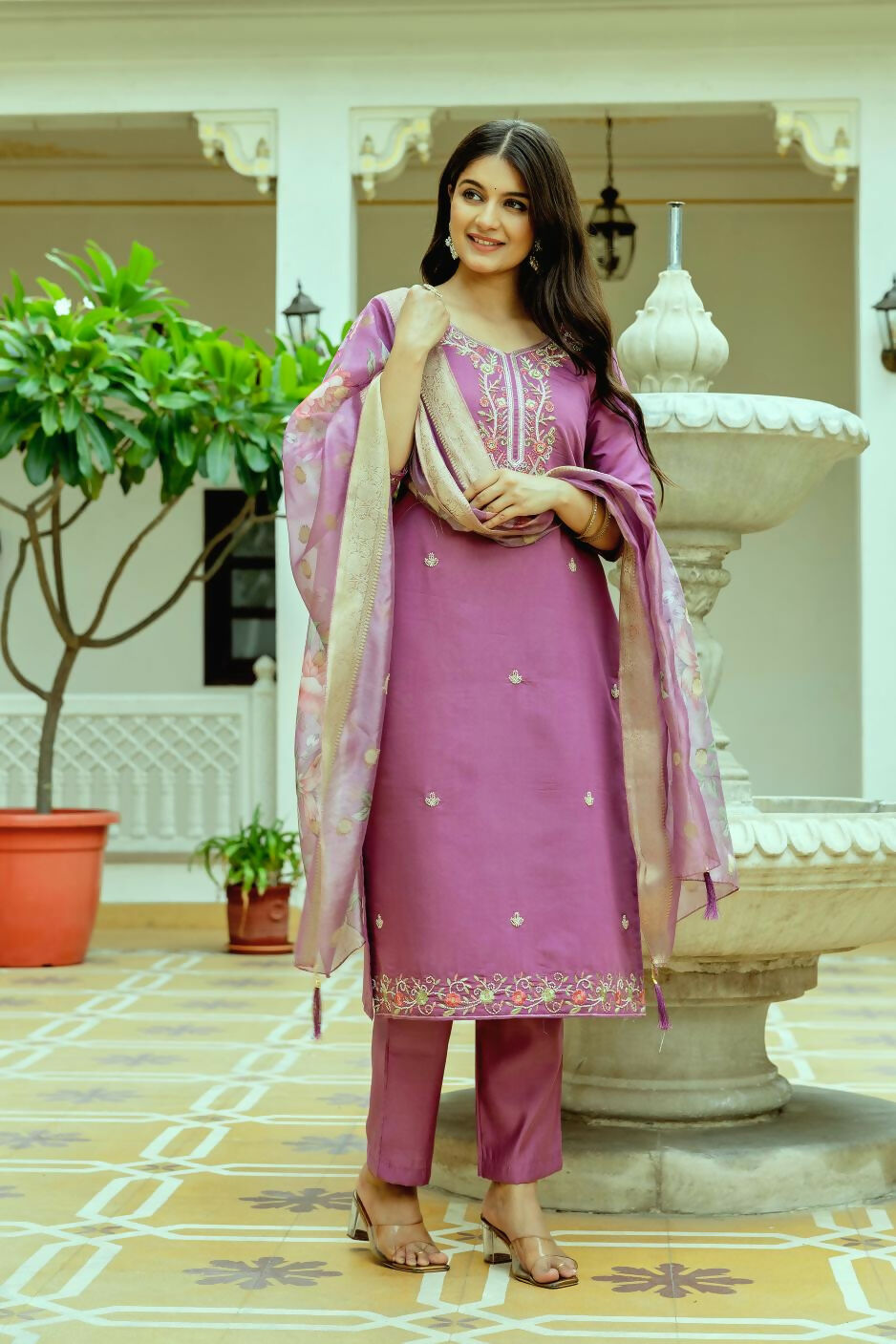The52 Purple Women's Beautiful Embroidered Viscose Chanderi Silk Fabric with Straight Kurta, Pant and Dupatta Set | Grocsy